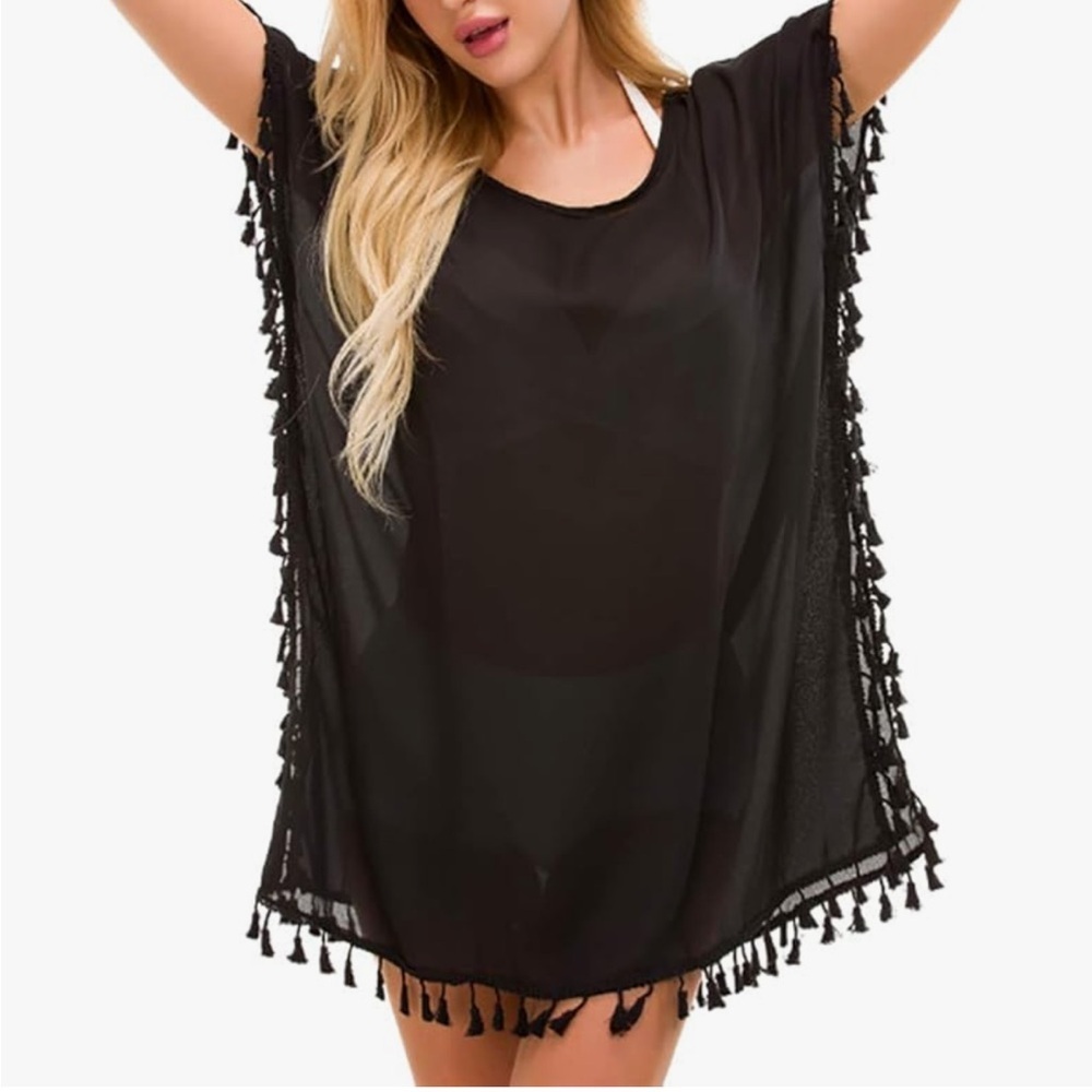 GDKEY Black Tassel-Trim Swim Cover-Up